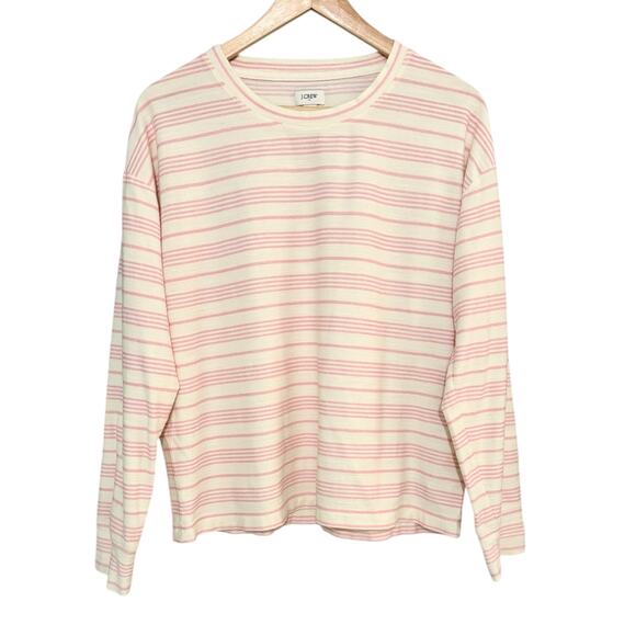 J Crew M Long Sleeve Mid Weight Pink Cream Stripe Henley T Shirt Sporty Preppy - Picture 1 of 8